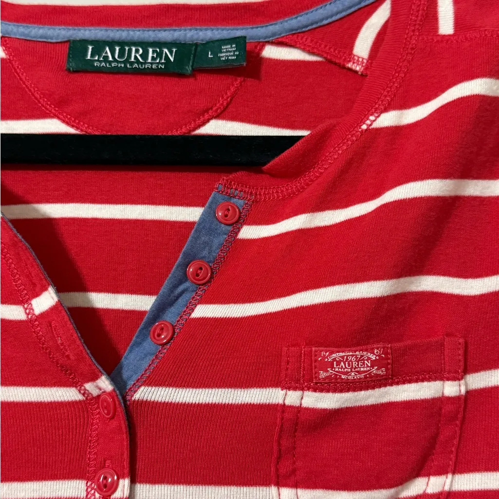 LRL size large red and white striped henley t-shirt buttons front casual womens - Image 2