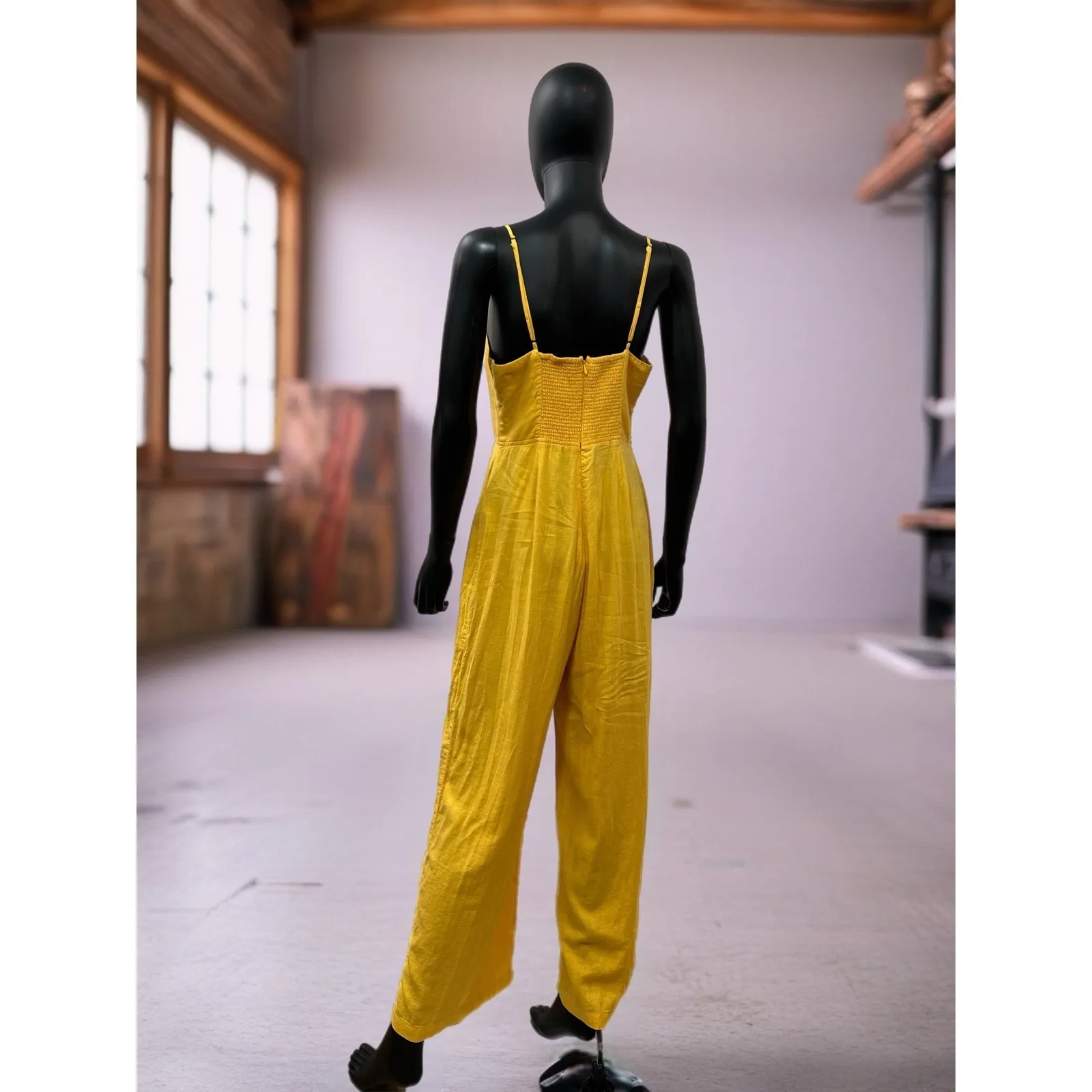 Urban Outfitters Linen‎ Rayon Jumpsuit Sz 10 – Yellow Wide Leg Romper - Image 5