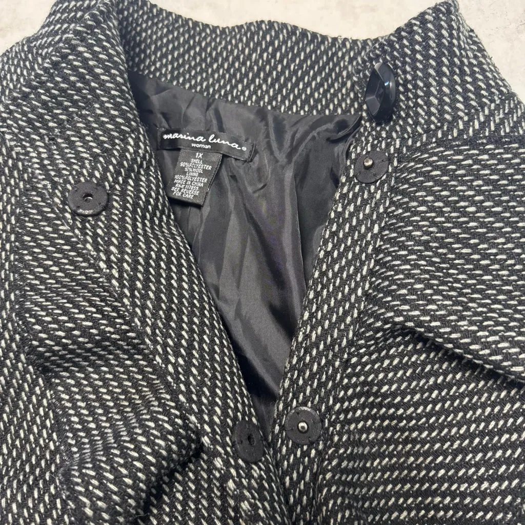 Marina Luna Black White Tweed Ruffle Front Coat 1X - Image 5