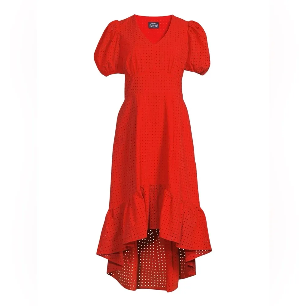 NWT Scoop Women's High Low Eyelet Midi Dress with Puff Sleeves Red XL - Image 5