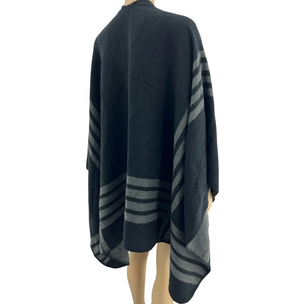 BB Dakota OS Black Gray Striped Reversible Wrap Shawl Cape Womens One Size - Image 5