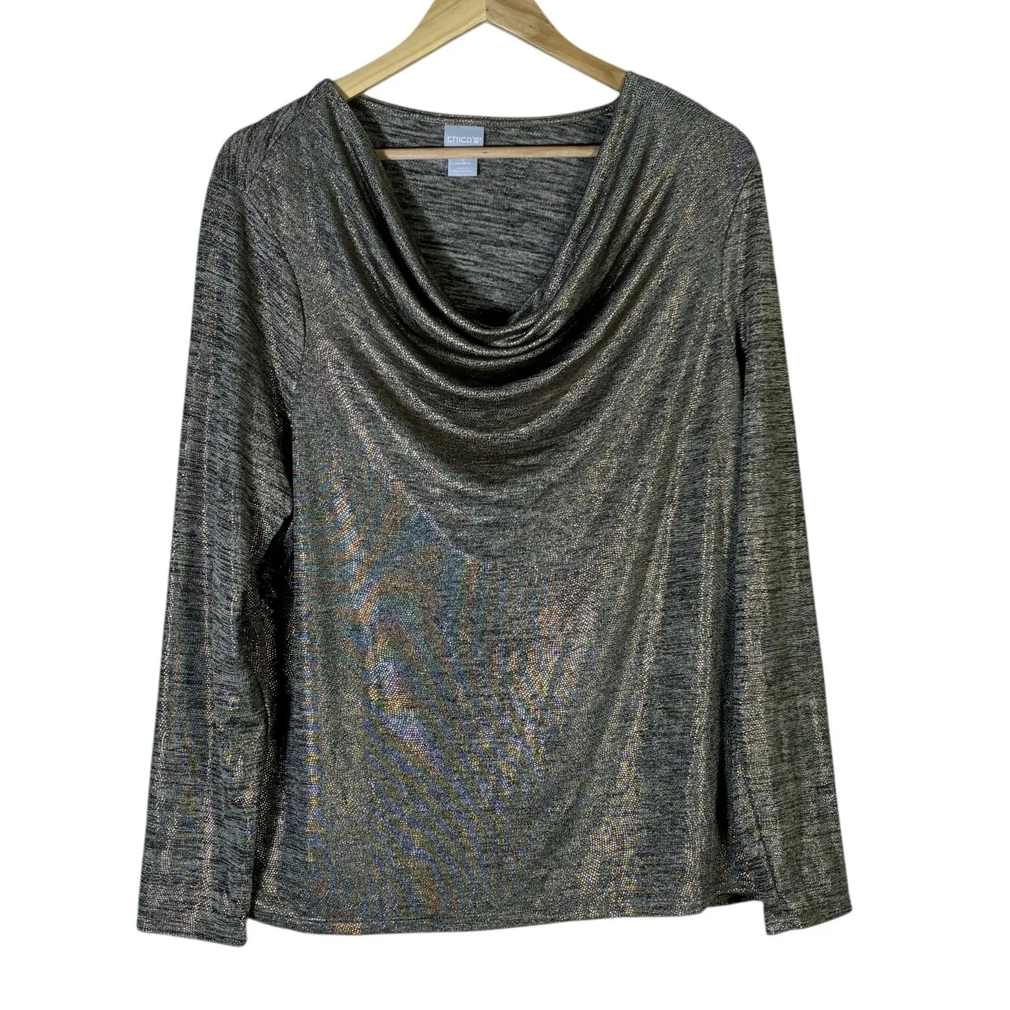 Chico’s Metallic Cowl Neck Long Sleeve Top Womens XL Gold Shiny Streth Glam NYE - Image 2