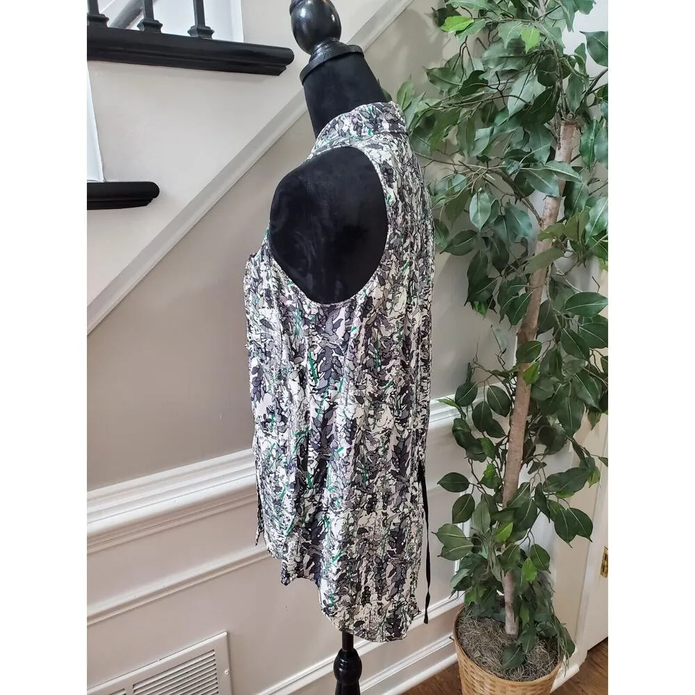 TRACY REESE Women's Gray Green Leaf 100% Silk Drawstring Hook Front Top Blouse M - Image 6