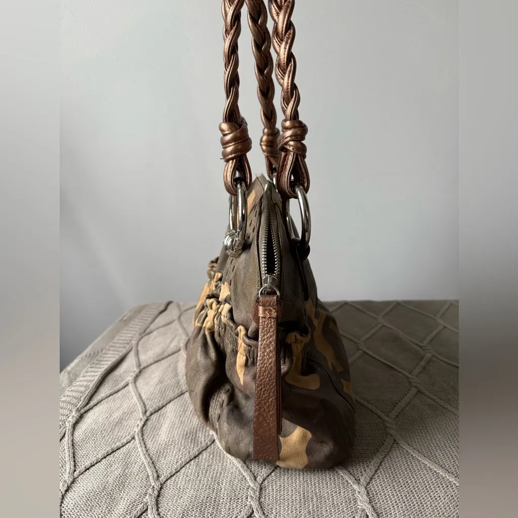 VTG B. Makowsky Caroline Bag Camouflage Bronze Leather Braided Double Handles Brown - Image 4