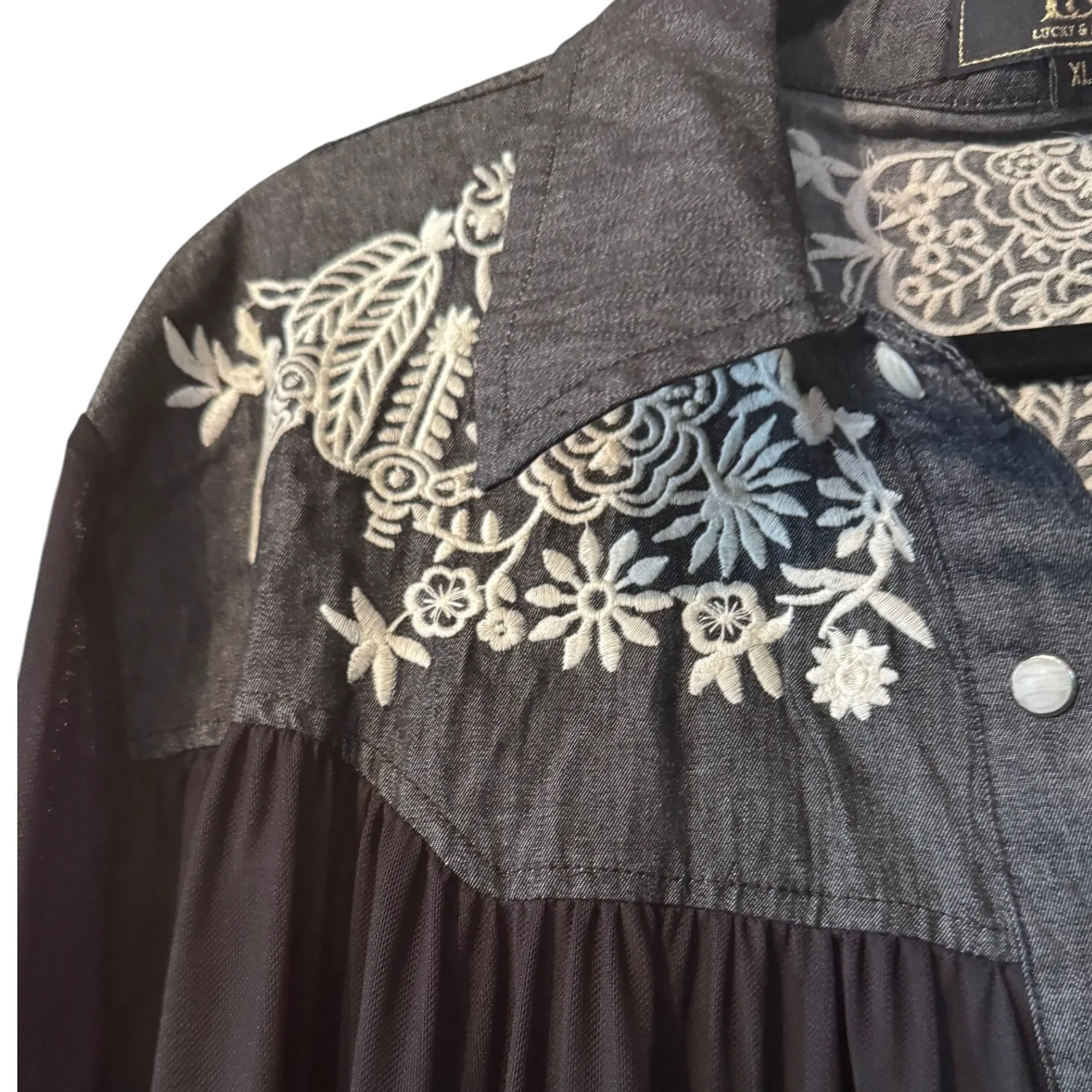 Lucky and Blessed Embroidered Western Style Maxi duster SHEER Poet Sleeve Black Size XL - Image 6