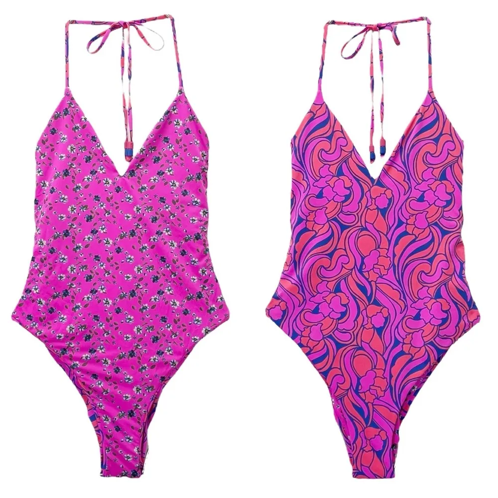 Maaji Reversible One Piece Swimsuit Size Small Floral Psychedelic Pink Halter - Image 2