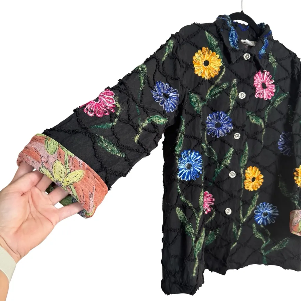 Vintage Roaman's Black Jacket Vibrant Floral Embroidery Yellow Blue Pink Large - Image 2