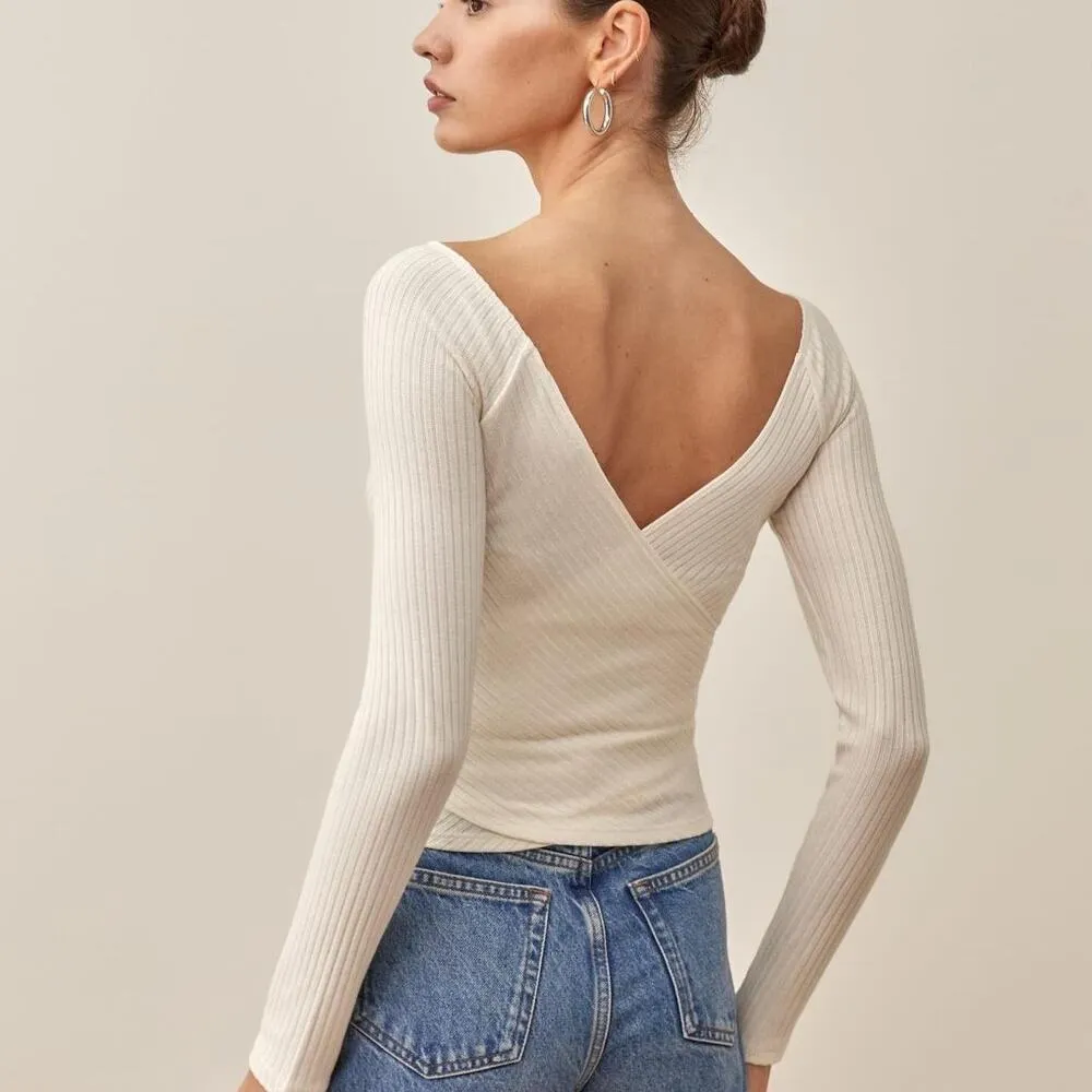 Reformation Minnie Ivory V-Neck Wrapped Knit Long Sleeve Ribbed Sweater Top XS - Image 2