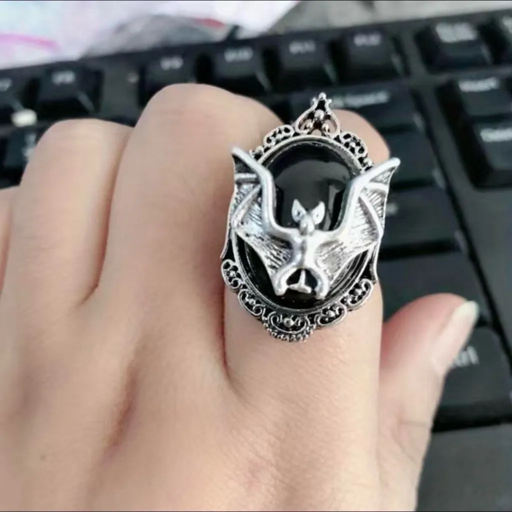 Bat Black‎ Faux Gemstone Open Finger Adjustable Ring Silver Plated Faux Fashion - Image 7