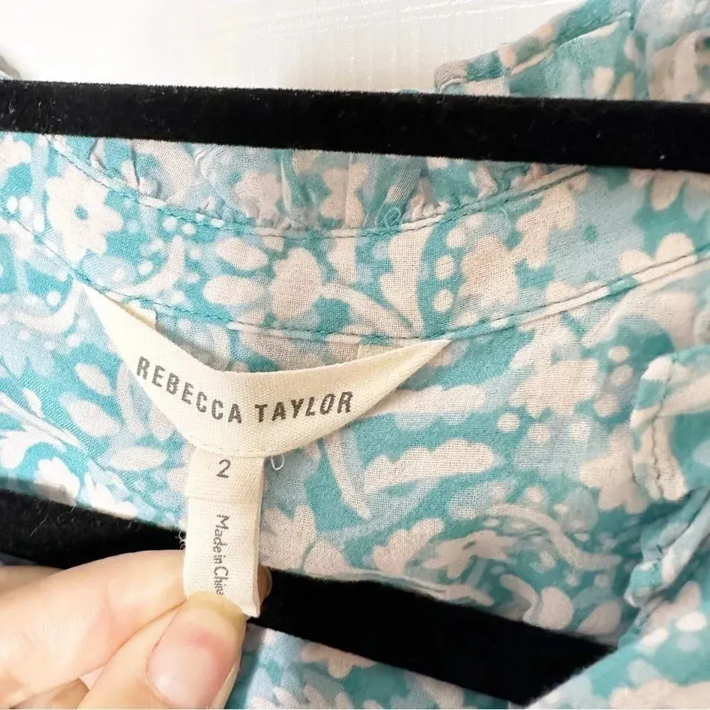 REBECCA TAYLOR Popover Blouse Turquoise White Floral Ruffle Collar Size 2‎ - Image 4