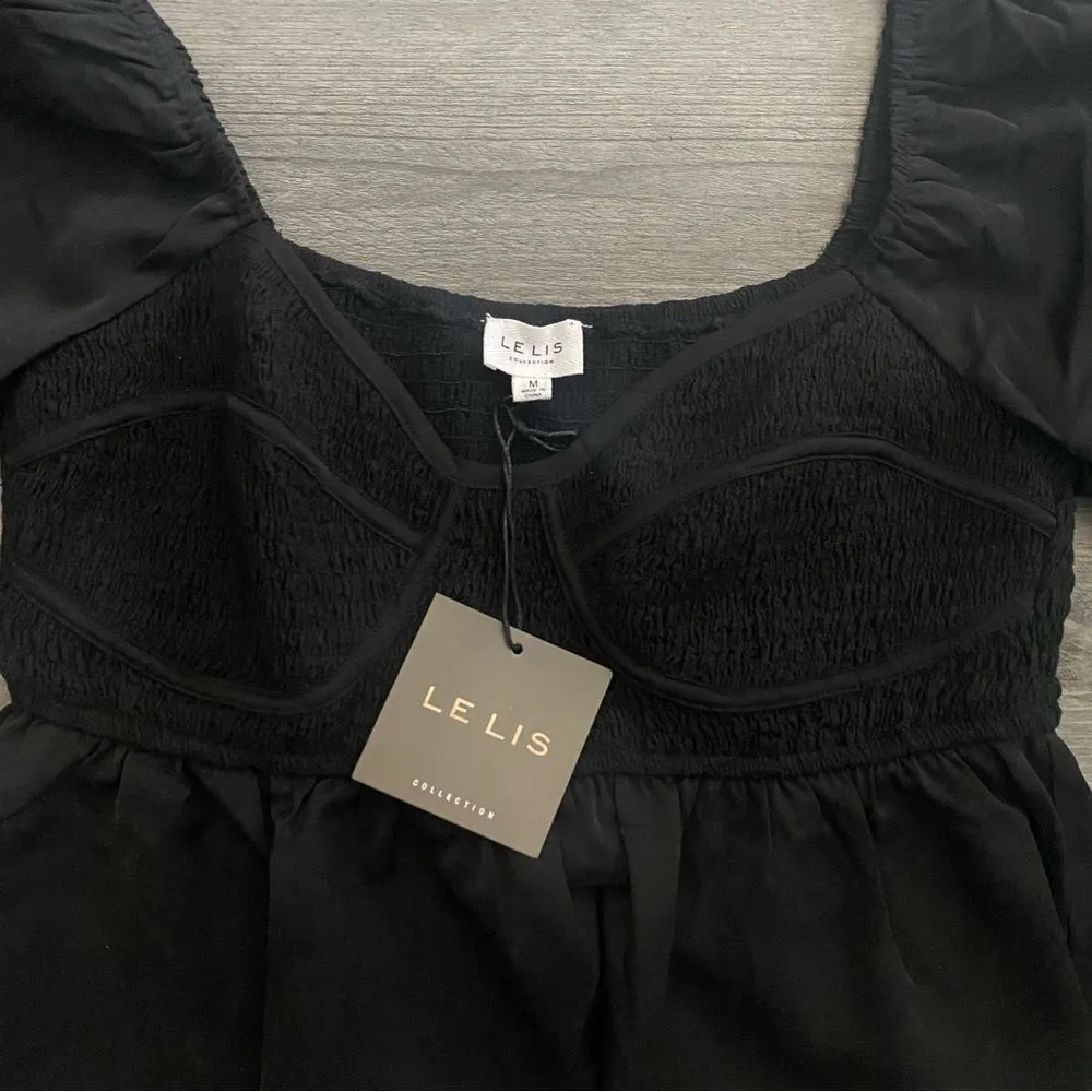 Le Lis Smocked Puff Sleeve Peplum Top NEW Black Medium - Image 4