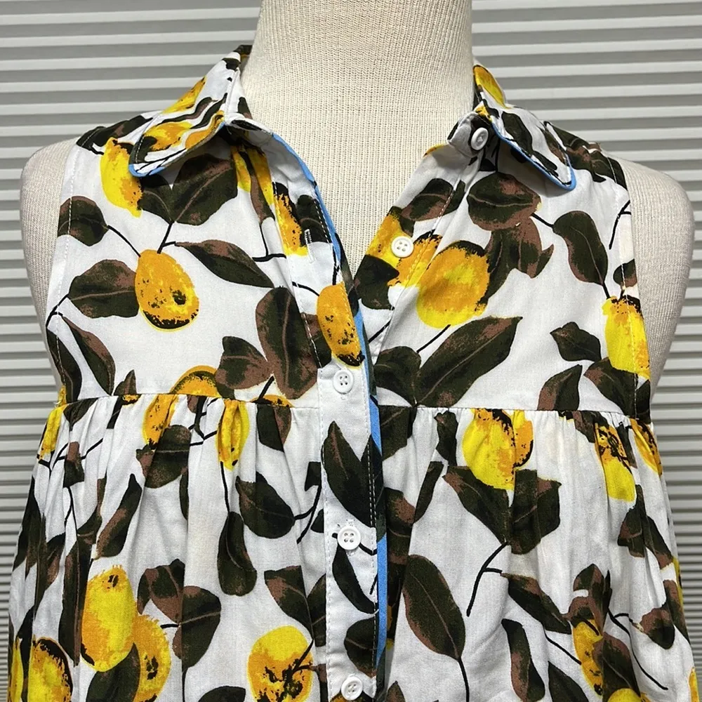 Entro NWT Off White Lemon Print Button Down Open Shoulder Ruffle Top - Image 2