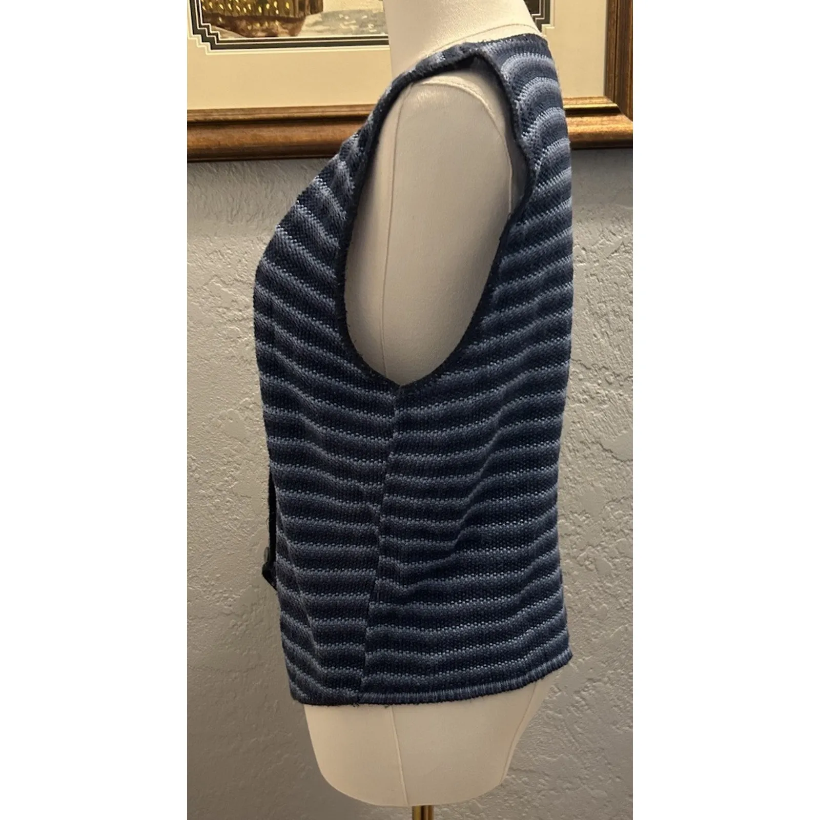 VTG 90s Backroad Blues Knit Vest Women Blue Stripe Granny Cottage Hippie Retro - Image 4