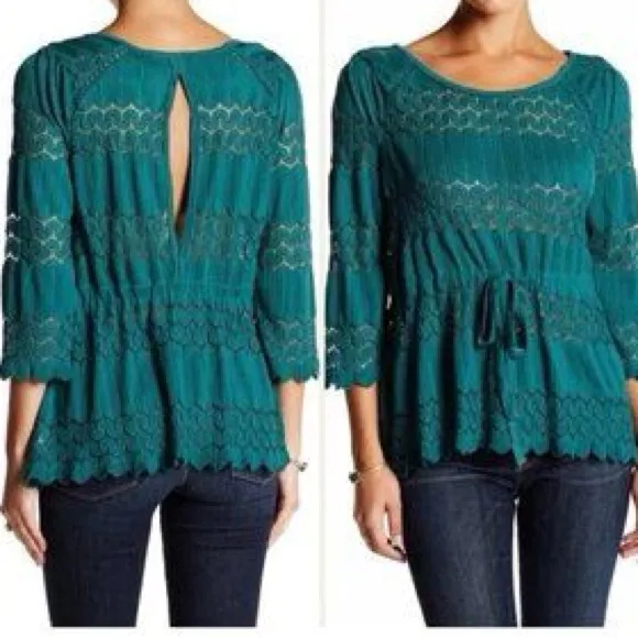 Free People Women’s Fire Island Knit Crochet Blouse Top Cottagecore in Green XS - Image 2