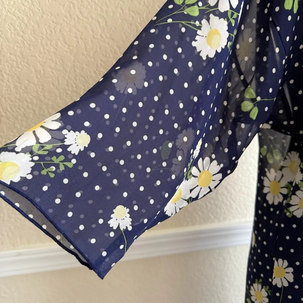 Boho Floral Kimono Festival Beach Long Cardigan Navy Daisy Polka Dot Oversized - Image 5