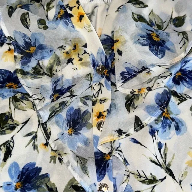 Perseption Concept Floral Ruffle Blouse Button Down Top Short Sleeve Size‎ L Blue Size L - Image 7