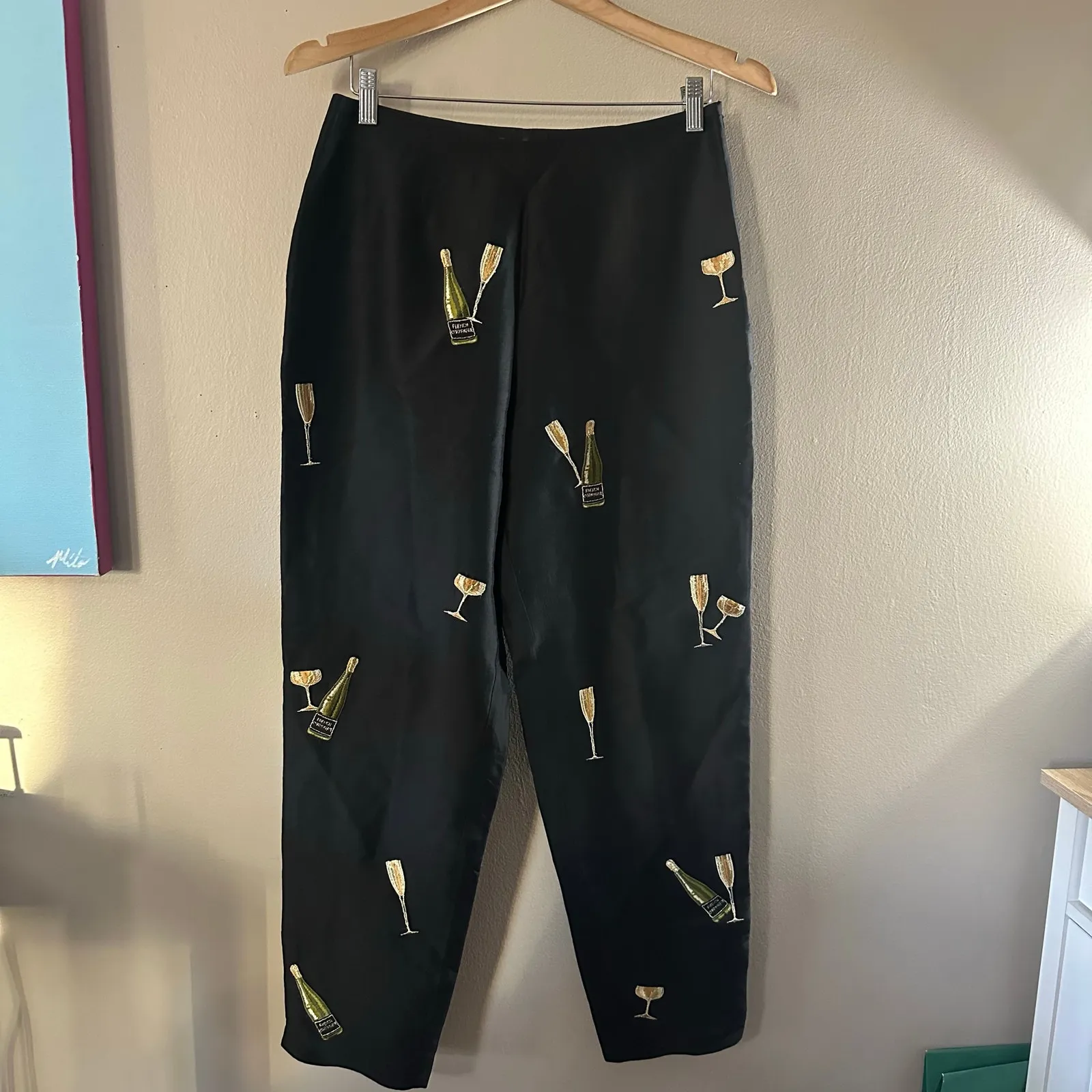 Vintage Allison Taylor Black Silk Pants Champagne Embroidery Size 8 - Image 11