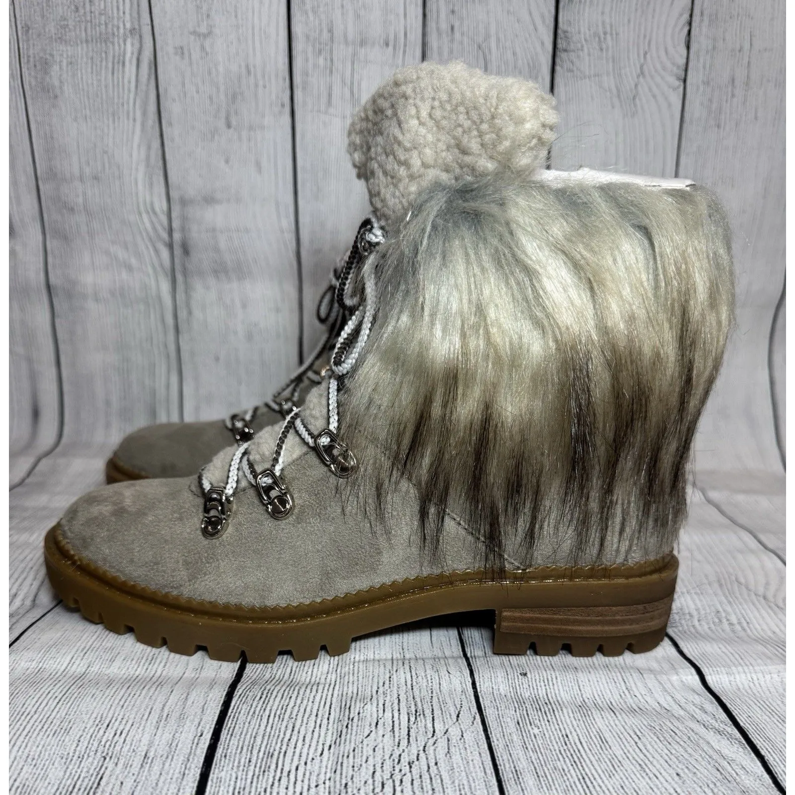NINE WEST  Gray Faux Suede Fur Trim Hiking  Boots  Sz 8 NWB - Image 5