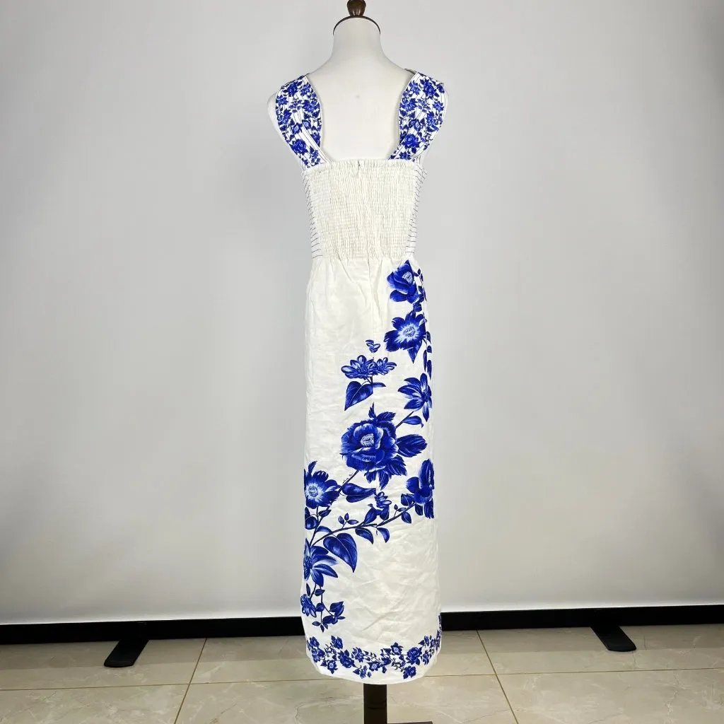 NWOT Farm Rio Off-White Blue Floral Cascade Wavy Premium Linen Midi Dress Sz XL - Image 8