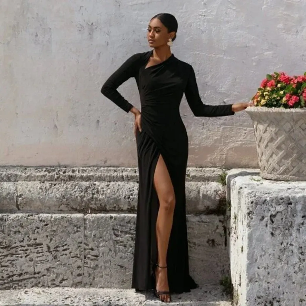 BETSY & ADAM Asymmetric Single Long Sleeve Gown in Black Size US 8 - Image 13