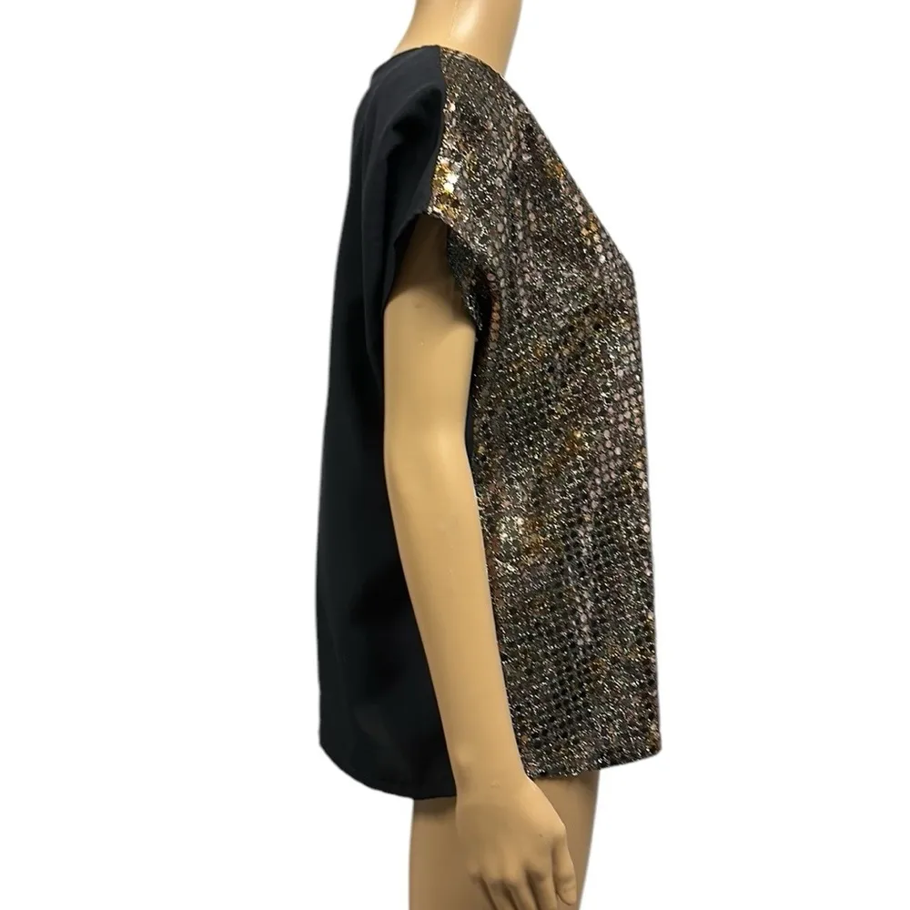 Vintage Jeri Marque Bronze Sequin Front Keyhole Back Short Cap Sleeve Top Medium Gold - Image 3