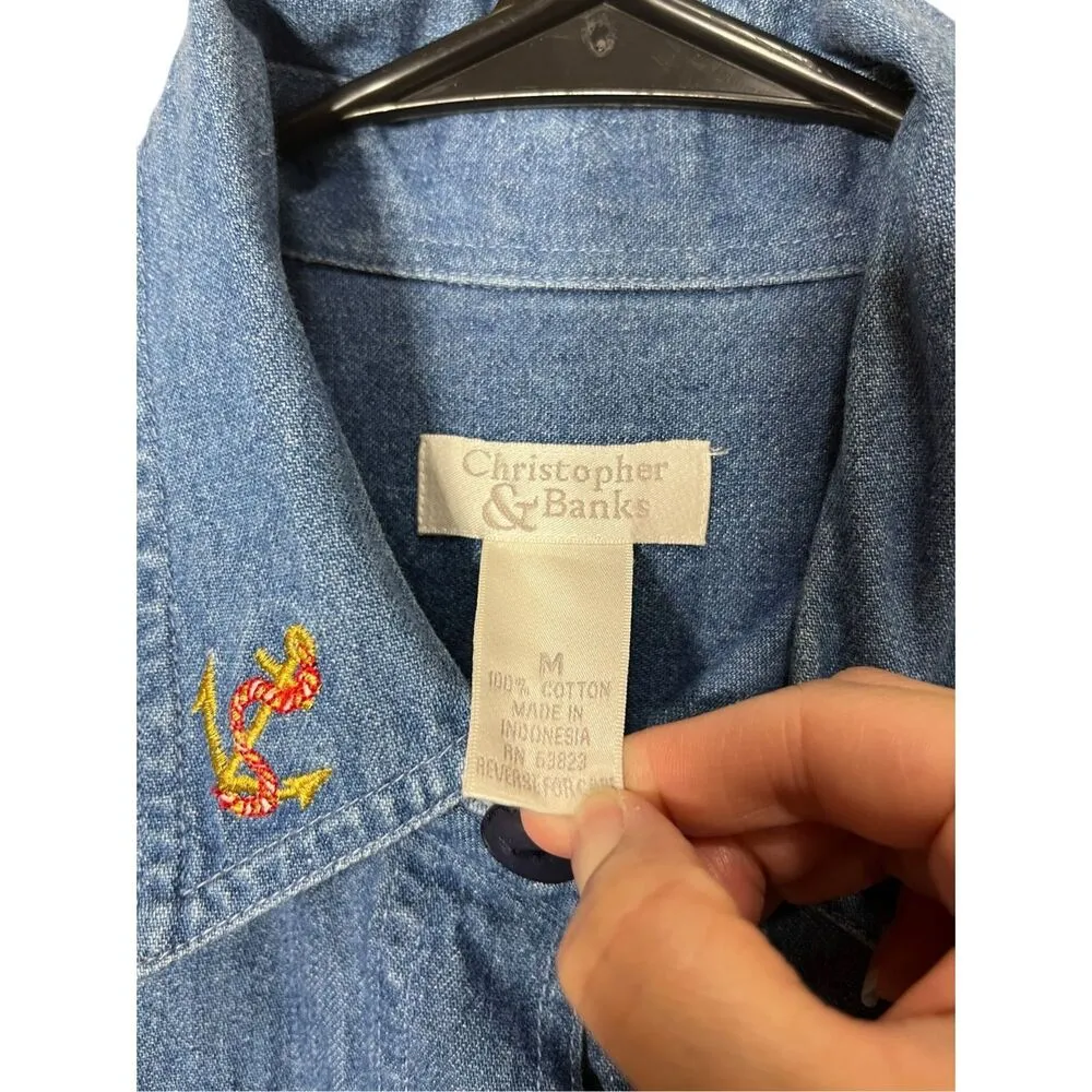 Vintage Christopher & Banks Denim Maxi Dress Embroidered Nautical Lighthouse Med - Image 7