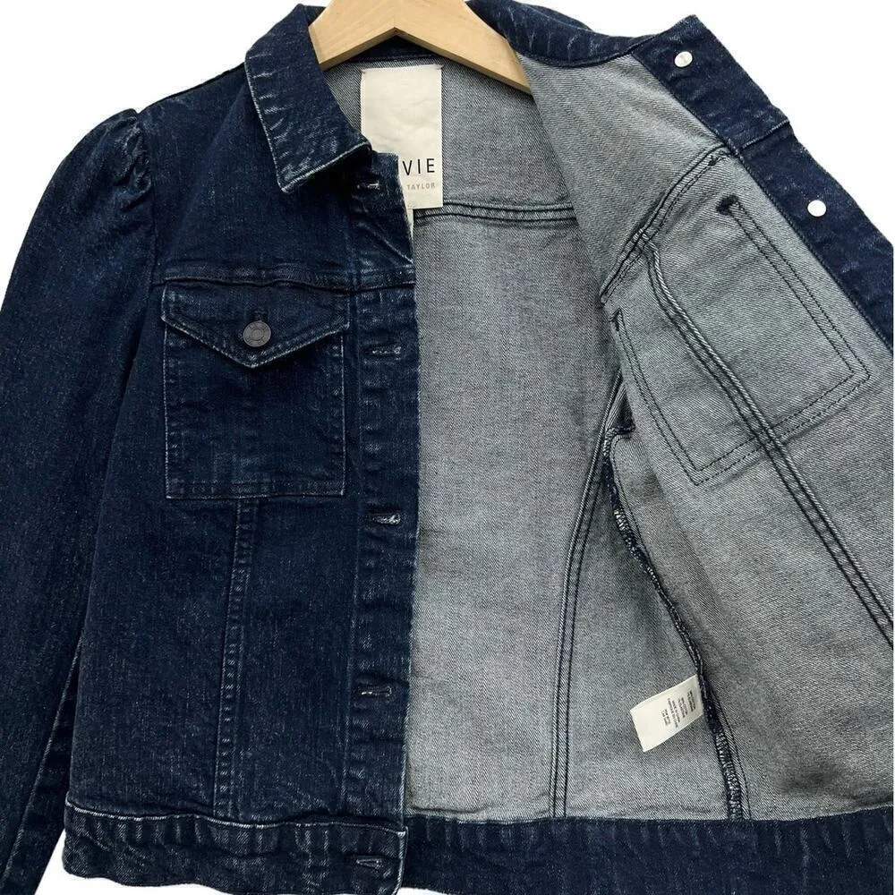 La Vie Rebecca Taylor Shirred Shouder Cropped Denim Jacket in Dark Blue size XS - Image 5