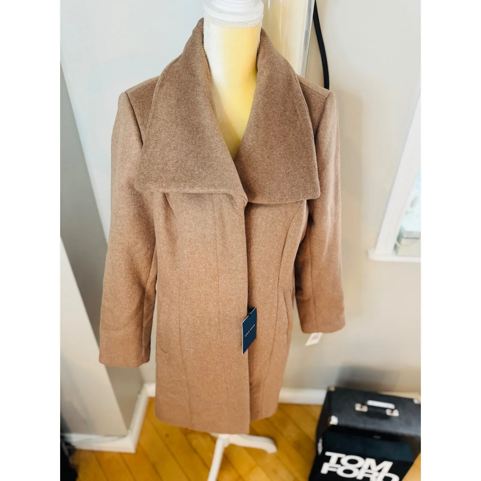 Cole Haan Signature Wide Lapel‎ Wool Blend Coat, Size 12 Camel Classic Chic NWT - Image 7