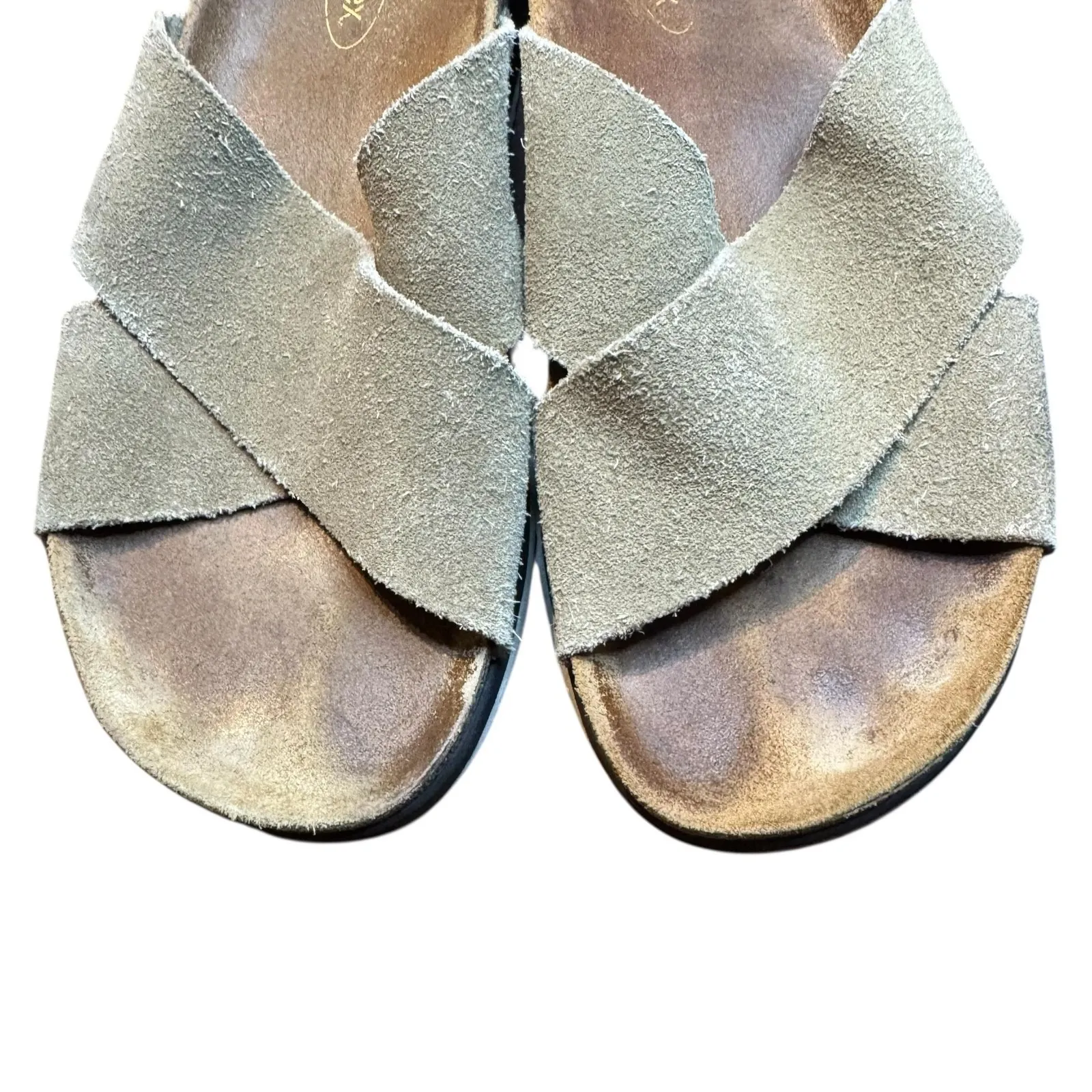 Aetrex Sandals Shoes Womens Size 7 Taupe Suede Cross Strap Slide Comfort Footbed - Image 2