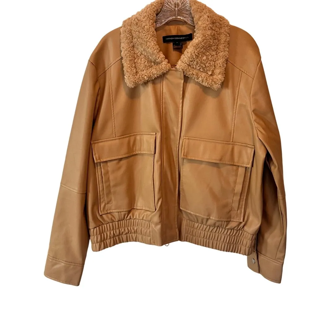 French Connection Size XL Vegan Leather Zipper Waistline  Jacket Sherpa Collar - Image 10