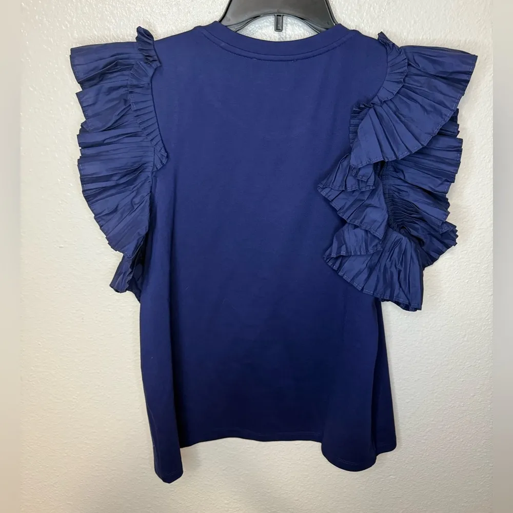 Anthropologie Blue Flutter Sleeve Ruffled T-Shirt - Image 4