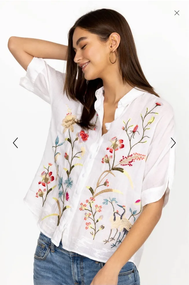 Johnny Was Geniveve Relaxed Dolman Shirt Embroidery Boho Floral collared button - Image 1