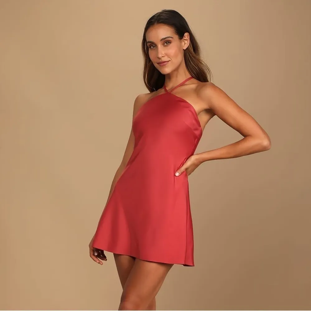 Lulus LULU’S Rooftop Party Dusty Red Satin Halter Mini Dress - Image 4