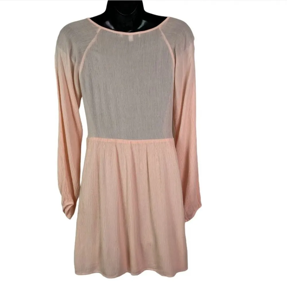 𝅺PURPLE Snow Boho Tunic Top Pale Pink Gauze Crochet Long Sleeves Size: L - Image 2