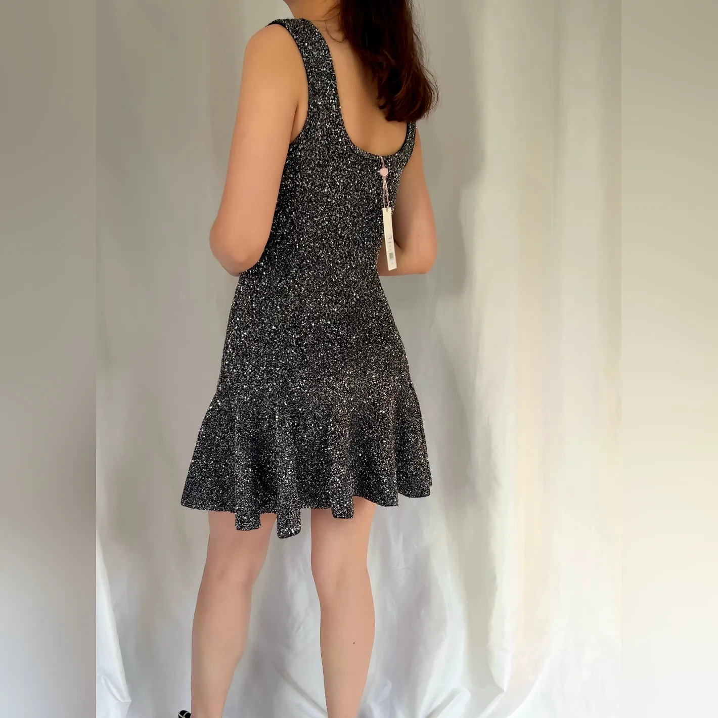 LoveShackFancy Sarajane Sequin Stretch Mini Dress - Black - Image 4