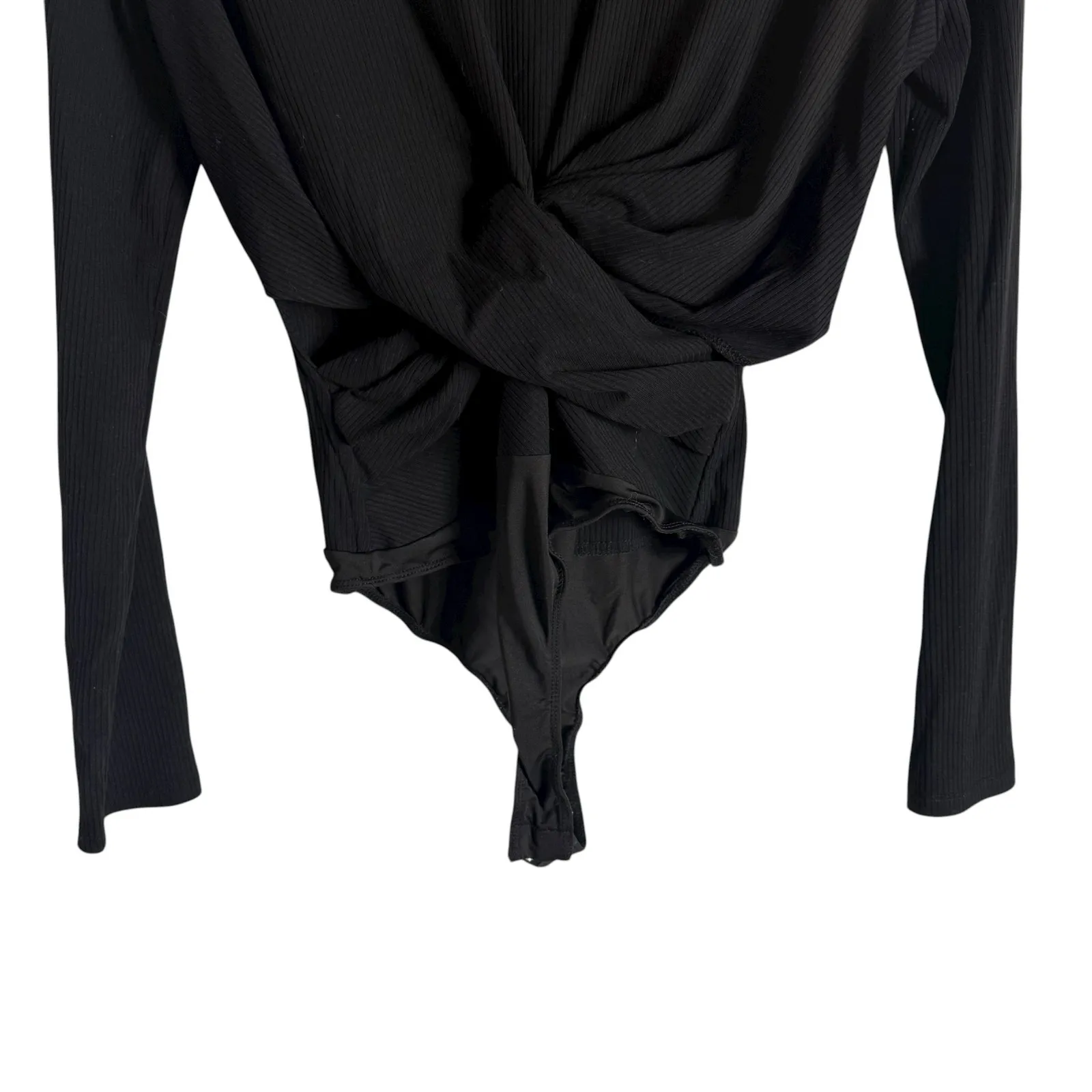 ASTR The Label Black Twist Front Faux Wrap Long Sleeve Ribbed Bodysuit Size M Size M - Image 3