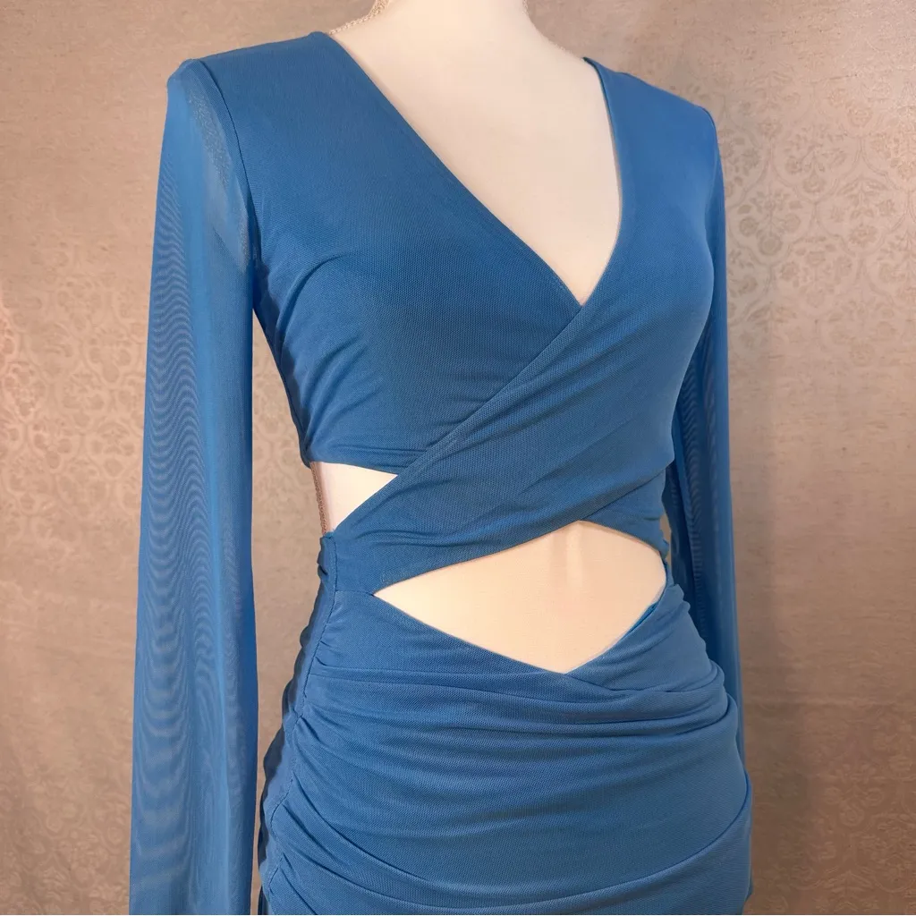 Tiger Mist Jossi Blue Mini Dress Size Small Cut-Out Sheer Long Sleeve Going Out - Image 5