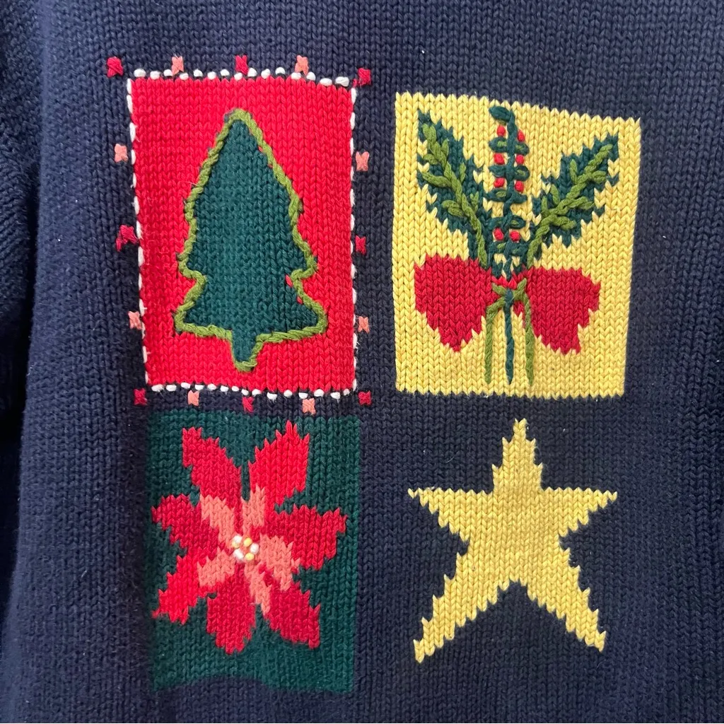 LIZ CLAIBORNE Navy Christmas Motif Pullover XL Cotton Star Flower Tree Sweater - Image 4