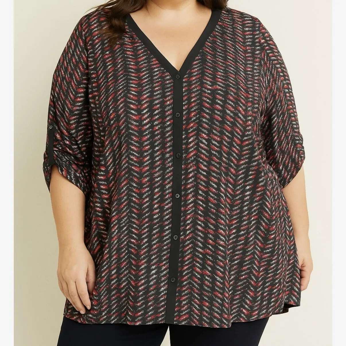 Catherines Red Black Geometric Button Up 3/4 Sleeve Y Neck Blouse Size 5X - Image 1