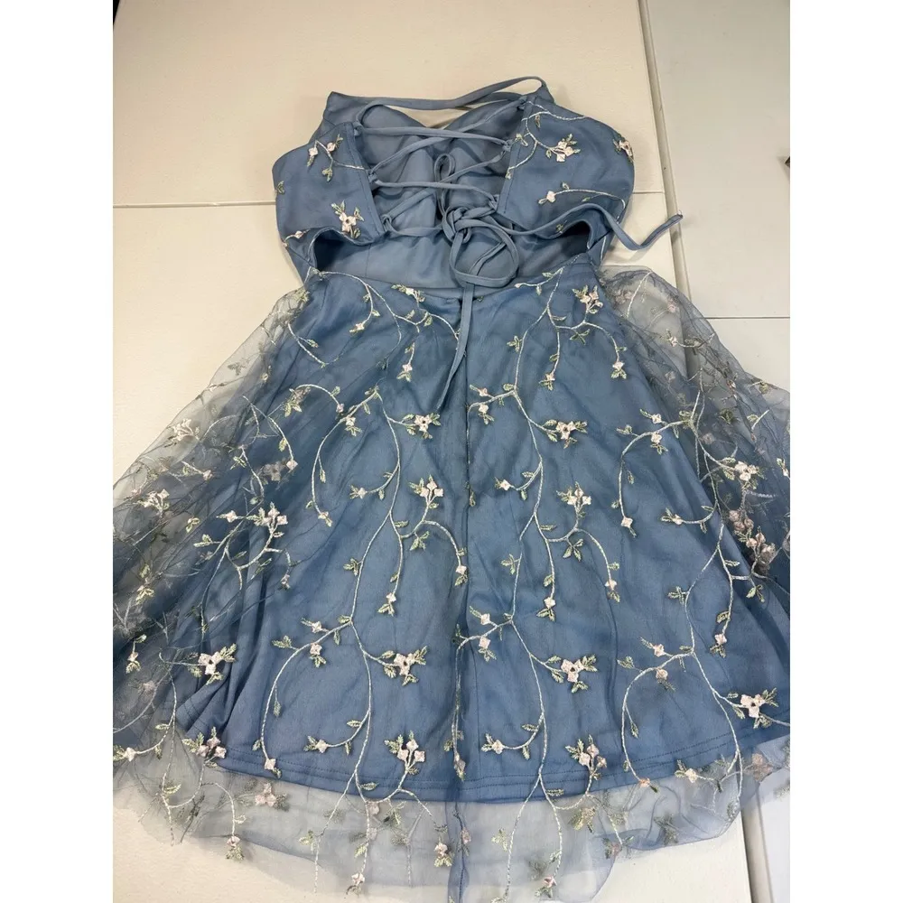 Shein Blue‎ Floral Embroidered Tulle Dress Party Cocktail Mini Lace Up Back S - Image 6
