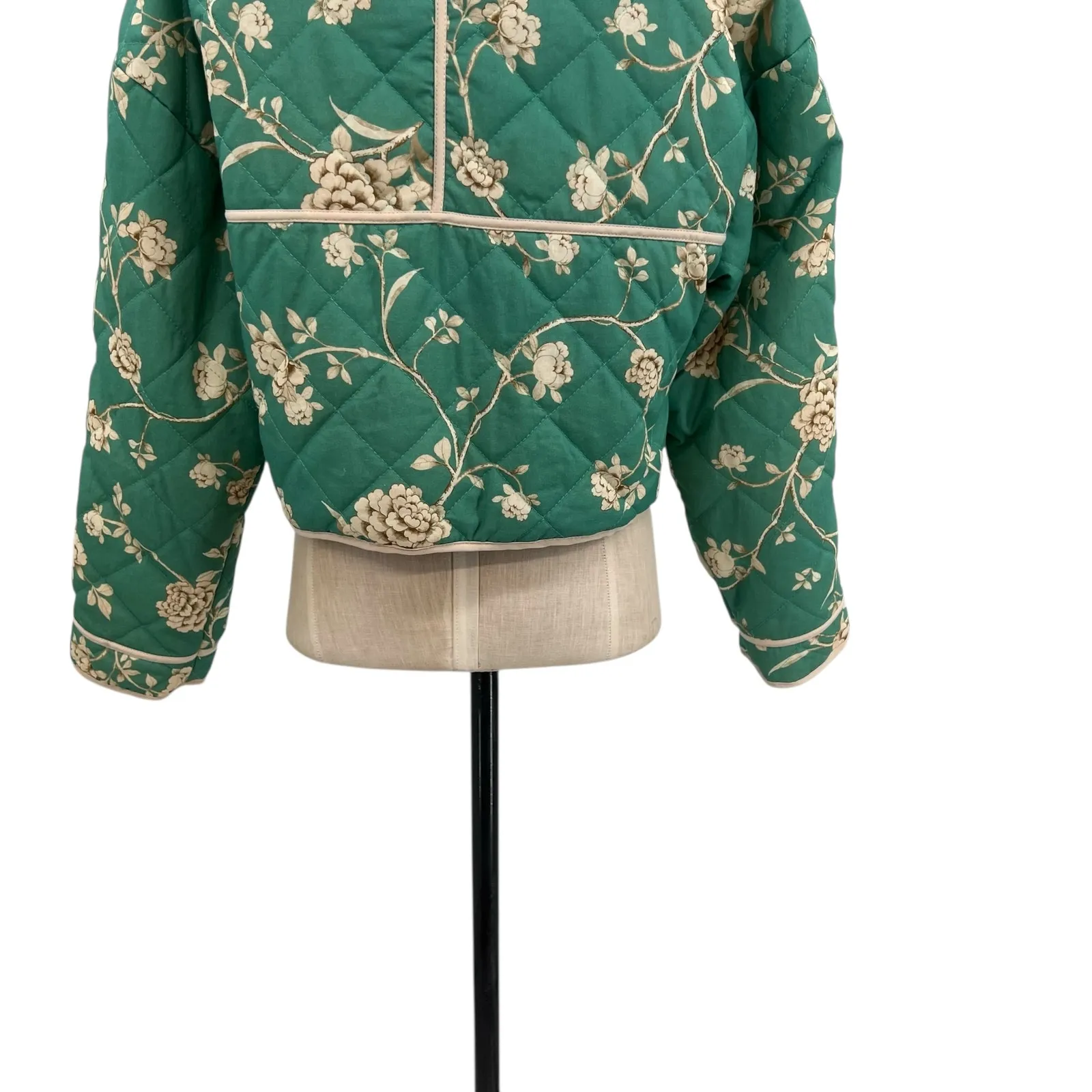 7 For All Mankind Diamon Quilted Jacket Cropped Floral Print Green Size Small - Image 9