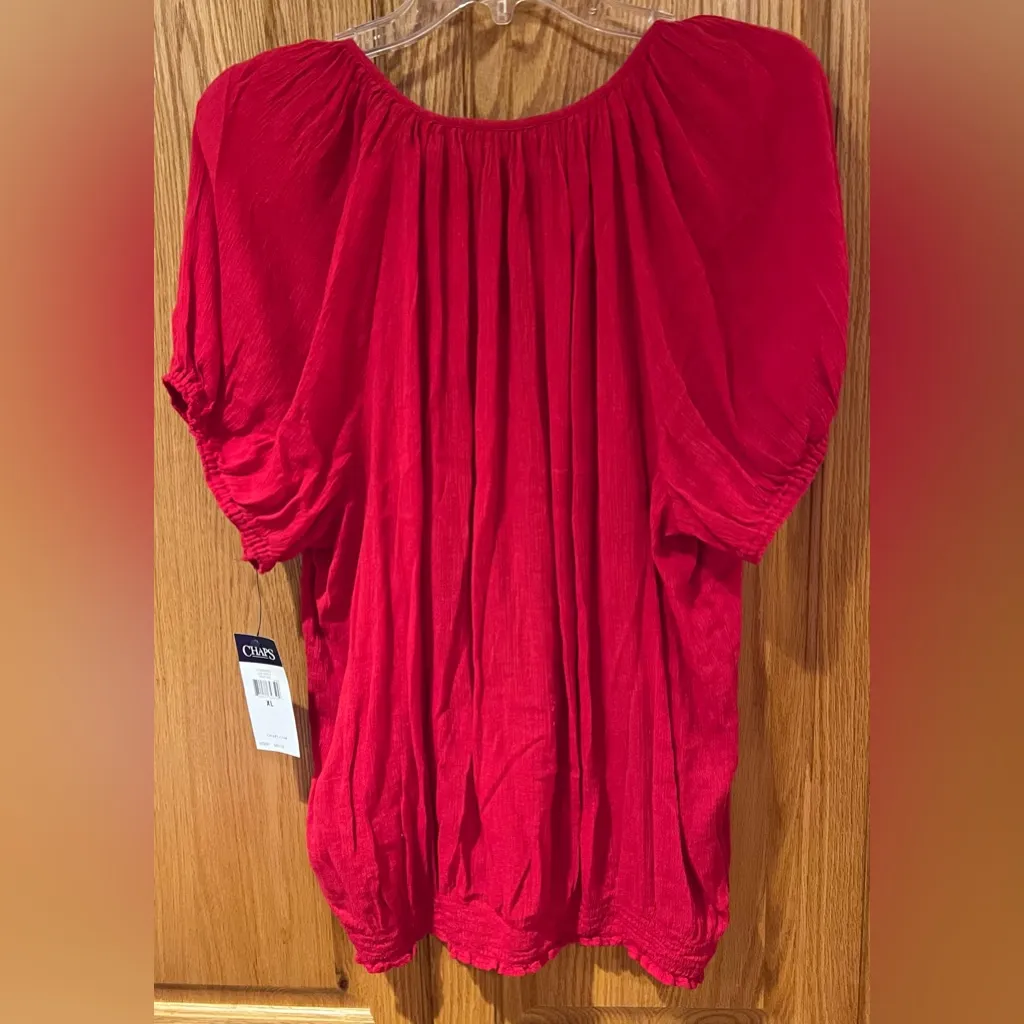 Chaps by Ralph Lauren Eyelet Tassle Tie Puff-Sleeve Peasant Top in‎ Yacht Red XL - Image 11