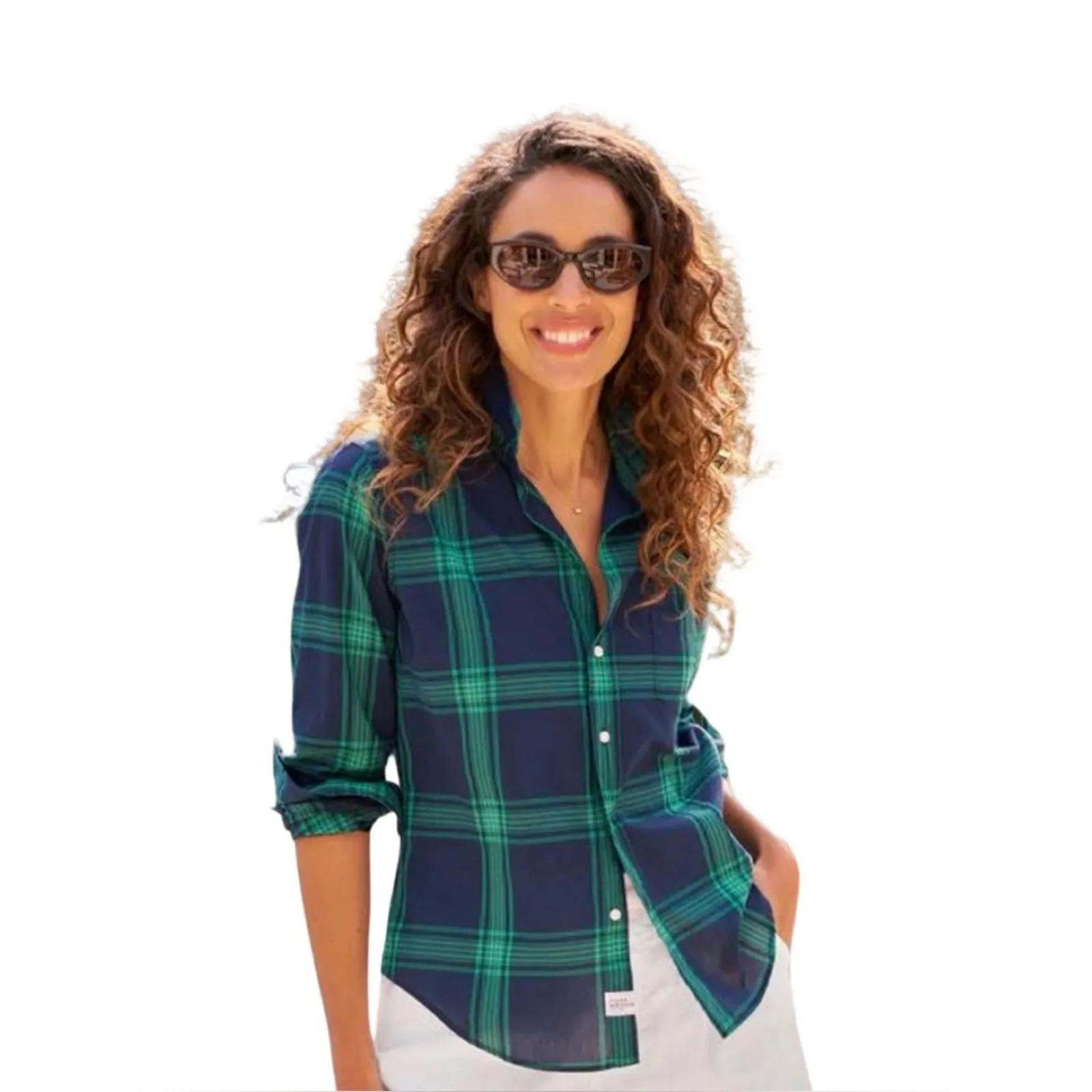 Frank & Eileen Barry Tailored Button Up Jade Navy Plaid Shirt Size XS - Image 2