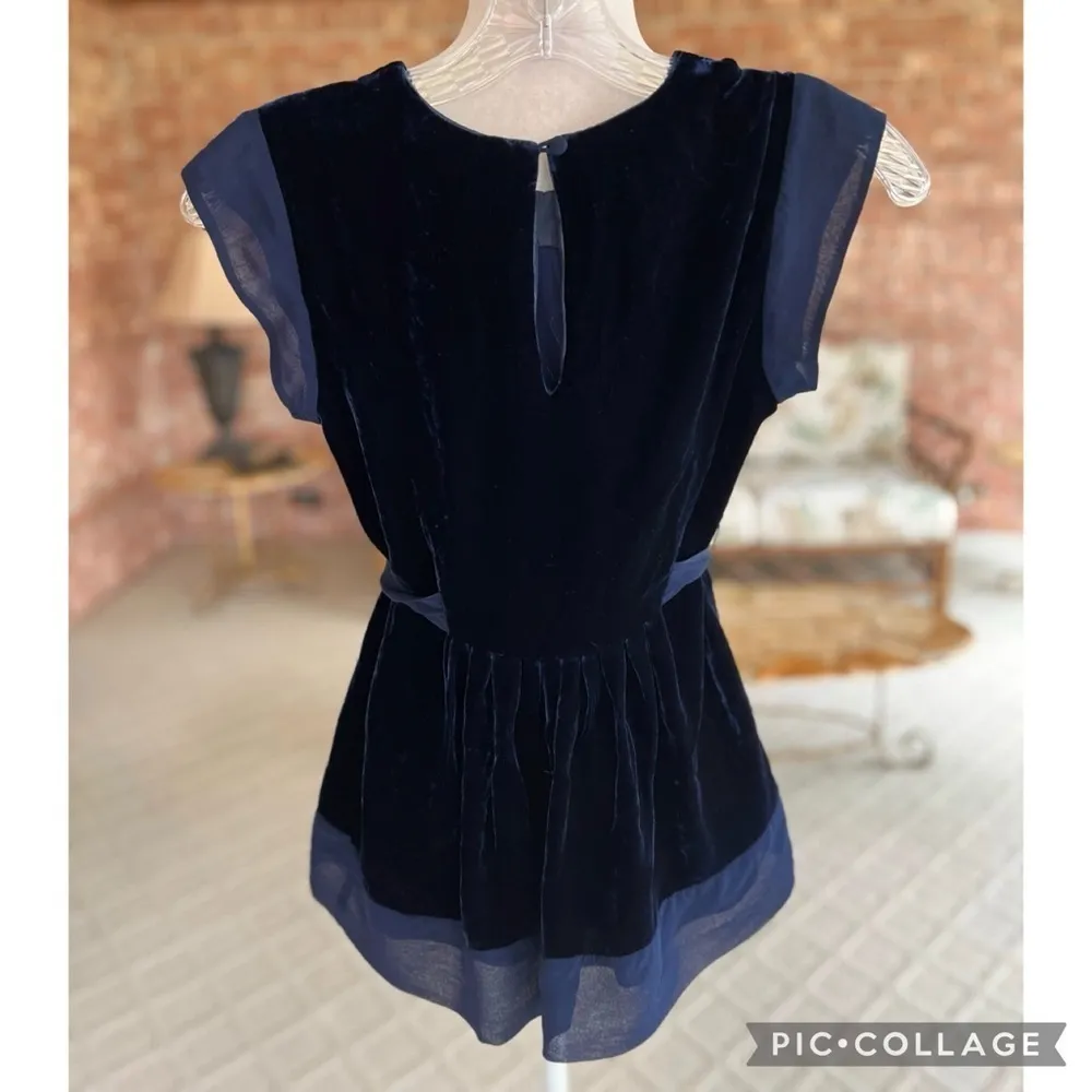 BCBGMAXAZRIA Top Velvet Cap Sleeve Blue Chiffon Belted XXS Cocktail Party Glam - Image 7