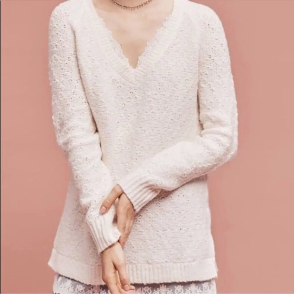 C Anthropologie Knitted & Knotted Cream Lace Bottom Hem Women’s Sweater XS - Image 2