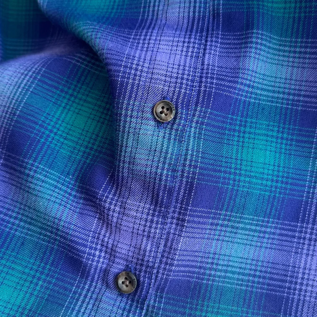 Eddie Bauer Plaid Flannel Button Down Shirt, Purple/Green/Blue, Size Medium - Image 7