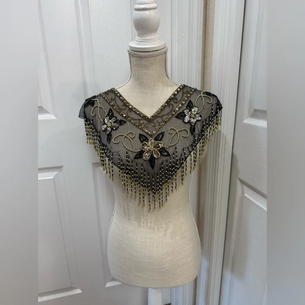Vintage Beaded Mesh Capelet / Shawl Collar Black - Image 8