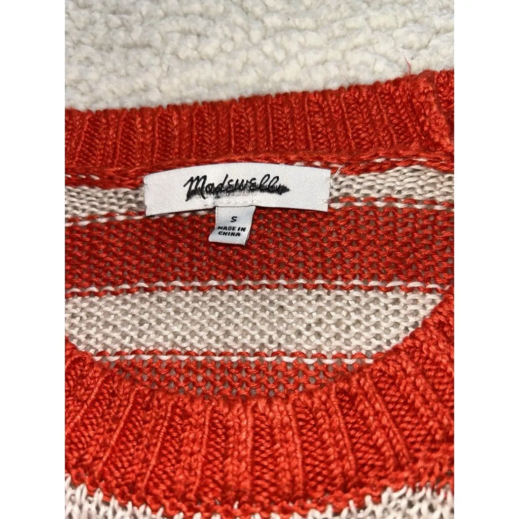 Madewell $110 Linen Drop-Shoulder Sweater Bright Flame Stripe Orange/Cream Sz S - Image 11