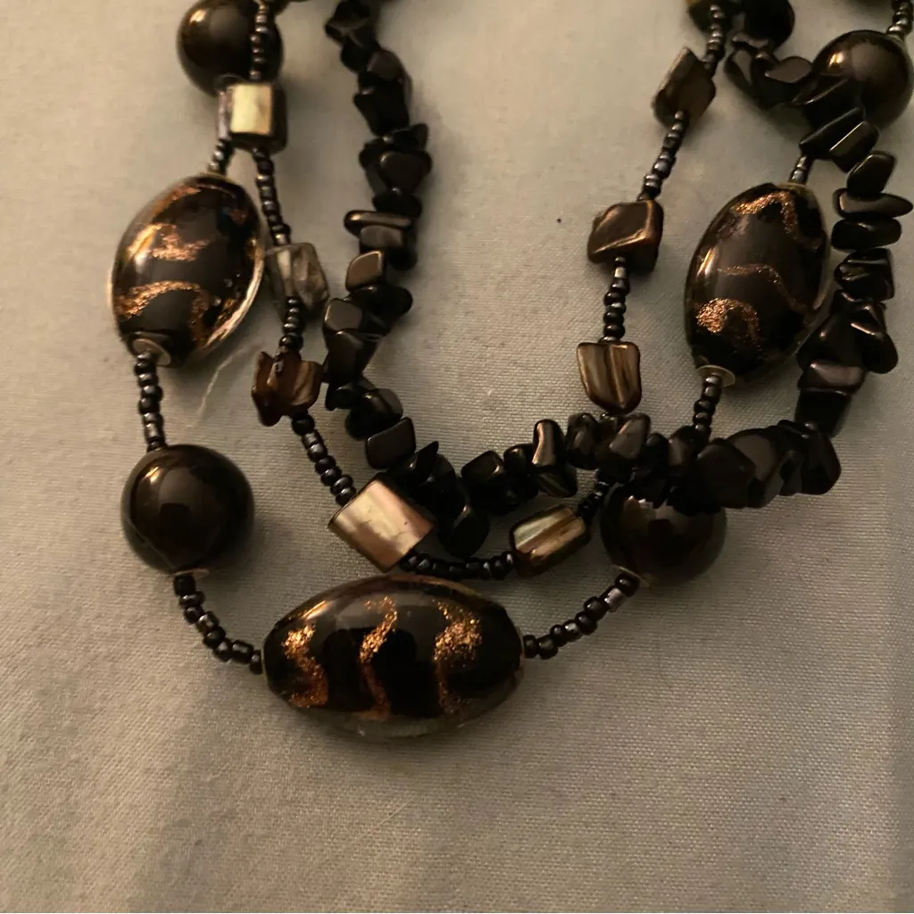 Vtg 16” To 18” Beaded 3 Strand Necklace Black & Glitter Beads Pink Tan Brown - Image 6