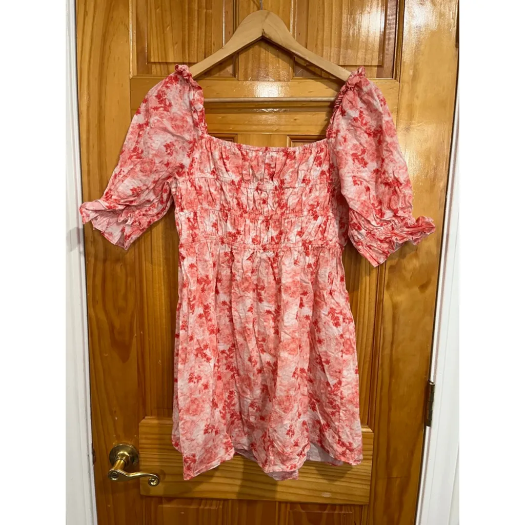 Playa Lucila Mini Smocked Babydoll Cotton Vacation Wear Short Sleeve Dress Pink Size L - Image 4